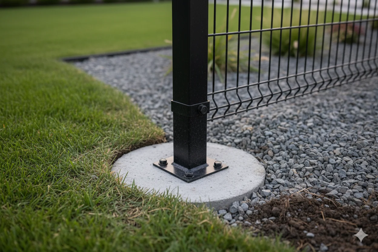Ground-level view showing fence posts properly set into concrete foundations with professional finish